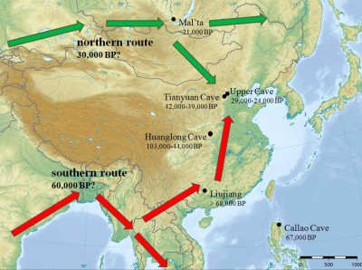 Computer simulation is applied to test the likelihood of the “two-migration routes” model proposed for the peopling of East Asia by modern humans